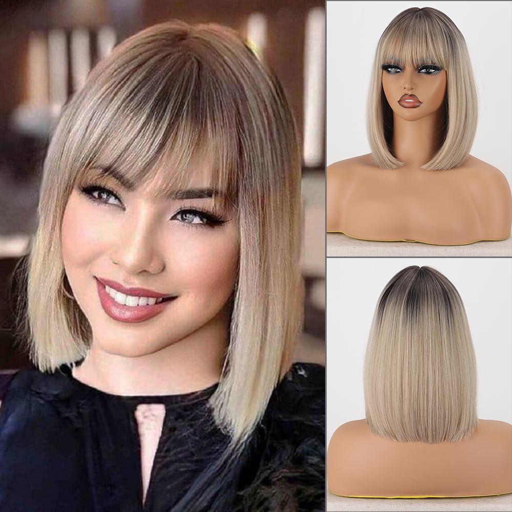 MISS WIG Женский короткий прямой фиолетовый парик до плеч с челкой из синтетического волокна, натуральный прямой парик Боб для косплея