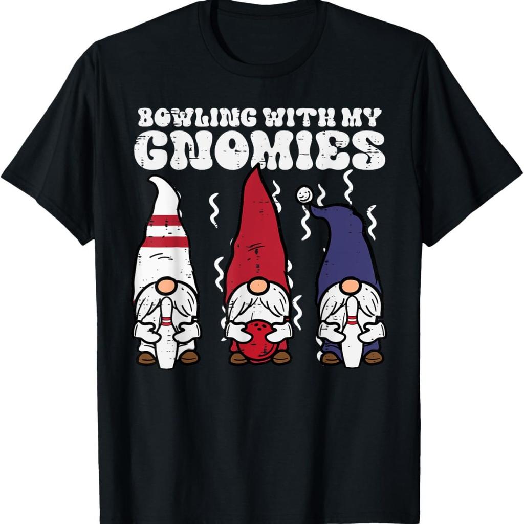 Bowling With My Gnomies Funny Gnome Graphic Tee Shirt Casual Cotton Crewneck T-Shirt for Bowling Parties