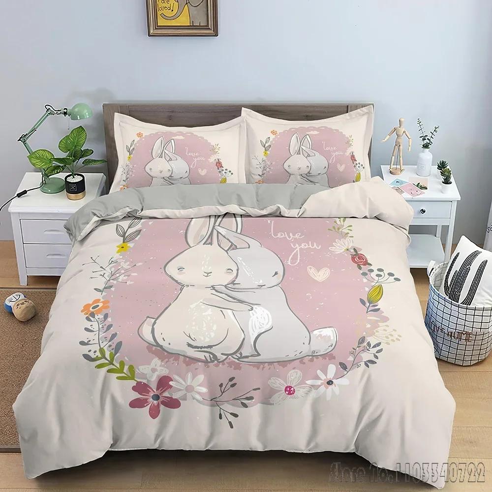 Gifts Cute Bunny Printing Polyester Duvet Cover Set HD Comforter Cover for Kids Bedding Sets Bedclothes Bedroom Decor