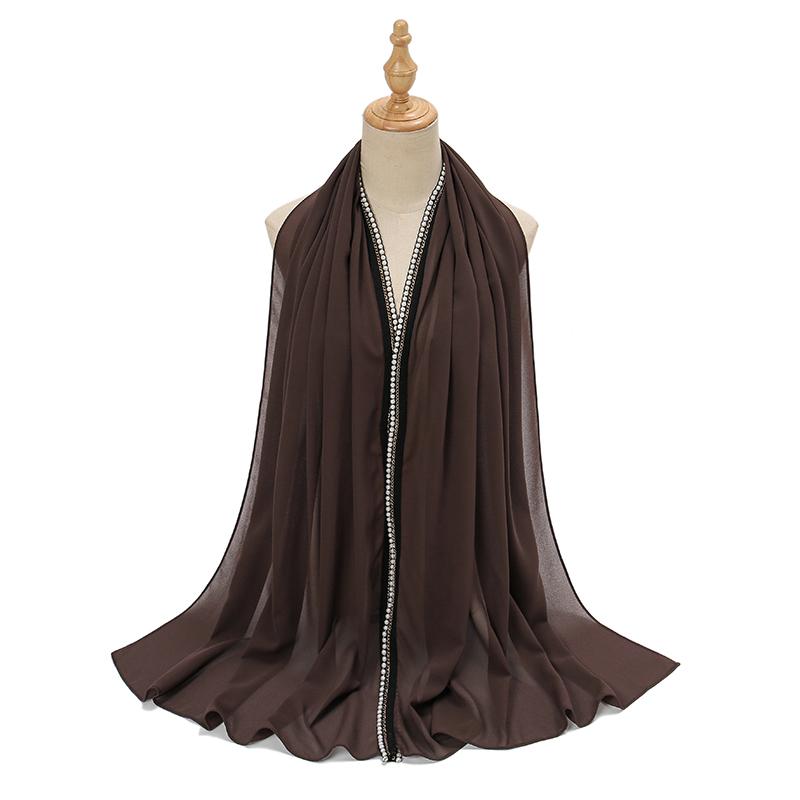 Новый Рамадан Шифоновый Хиджаб Шарф с Жемчужными Бусинами Мусульманский Хиджаб с Цепочкой Однотонные Длинные Шали Головной Платок Обмотки Исламская Повязка на Голову