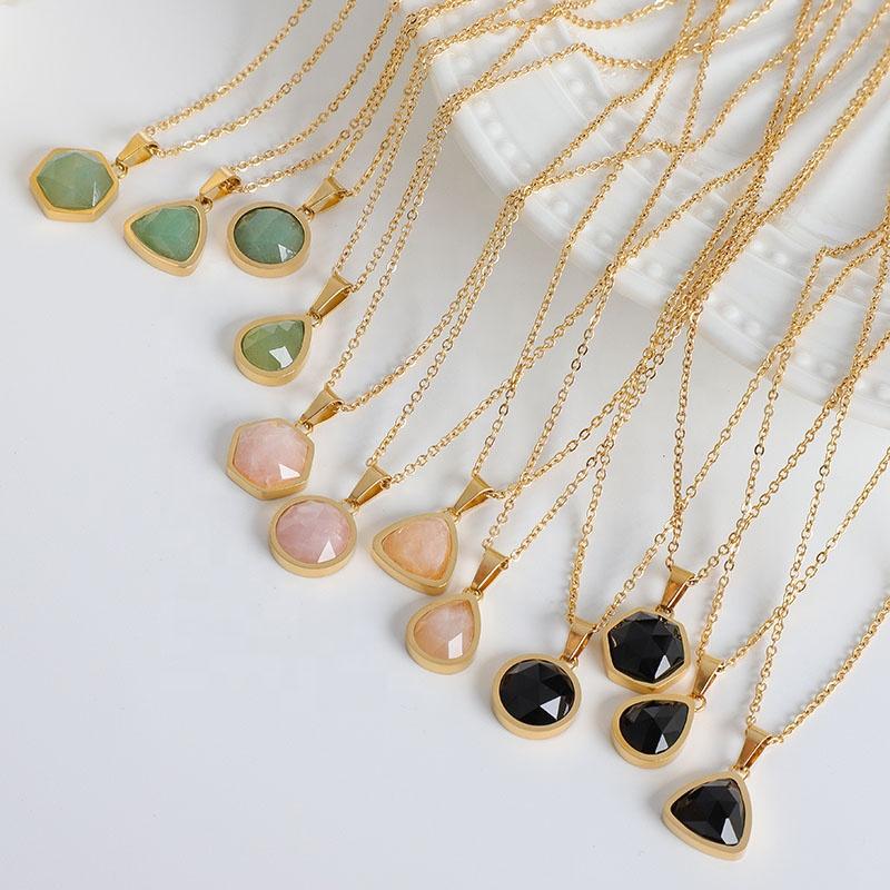 18K Gold Plated Stainless Steel Non Tarnish Jewelry Tiger Eye Black Agate Rose Quartz Natural Stone Pendant Necklace