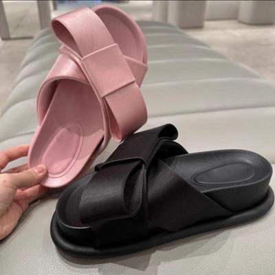 2025 Летние шлепанцы с бантиком-бабочкой, нежно-розовые, с круглым носком, натягивающиеся, на толстой подошве, шлепанцы с бантом, женская уличная обувь для платья