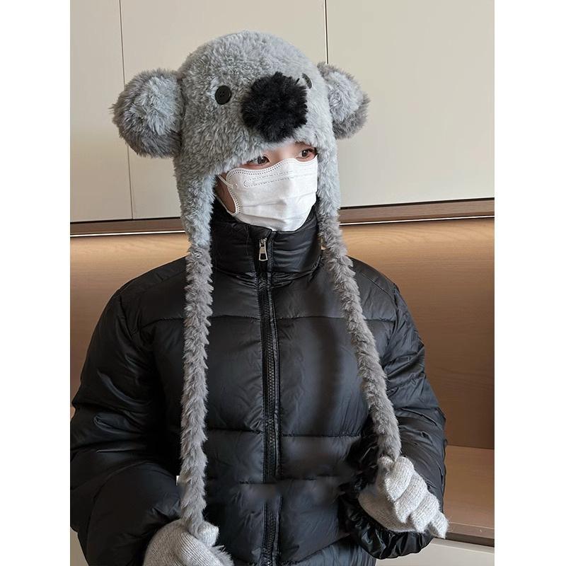New Cute Cartoon Grey Koala Plush Lei Feng Hat for Women In Winter Warm Ear Protection Lace Up Hat