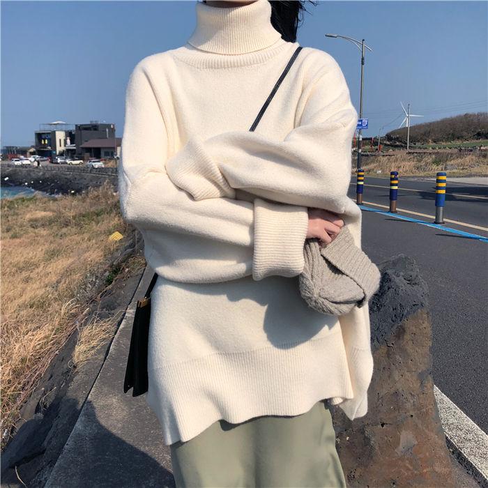 WTEMPO Свитера с высоким воротником, женские весенне-осенние однотонные вязаные пуловеры, базовый черный, синий, белый повседневный джемпер большого размера