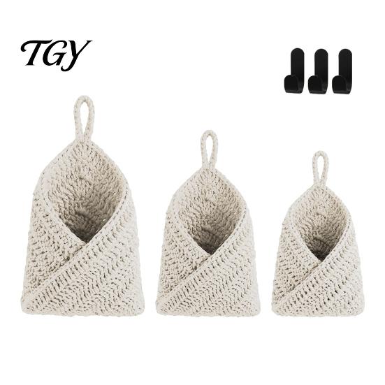 Thickened Cotton Rope Basket 3PCS Hanging Woven Storage Basket, Wall-mounted Organizer Wall Vegetable Pouches, Boho Multi-functional Bag for