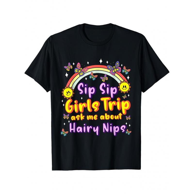 "Cheeky Girlfriends' Trip Fun and Humorous Adult T-Shirt - Rainbow Flamingo Pattern Singles Party Shirt, Unisex Black Bohemian Style Crew Neck Shirt,