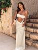 Luxury Beachwear Ruched Bandeau Swimsuit Strapless Three-Piece Set White Bubble Bikini Set White High Slit Maxi Skirt Swimsuit K264