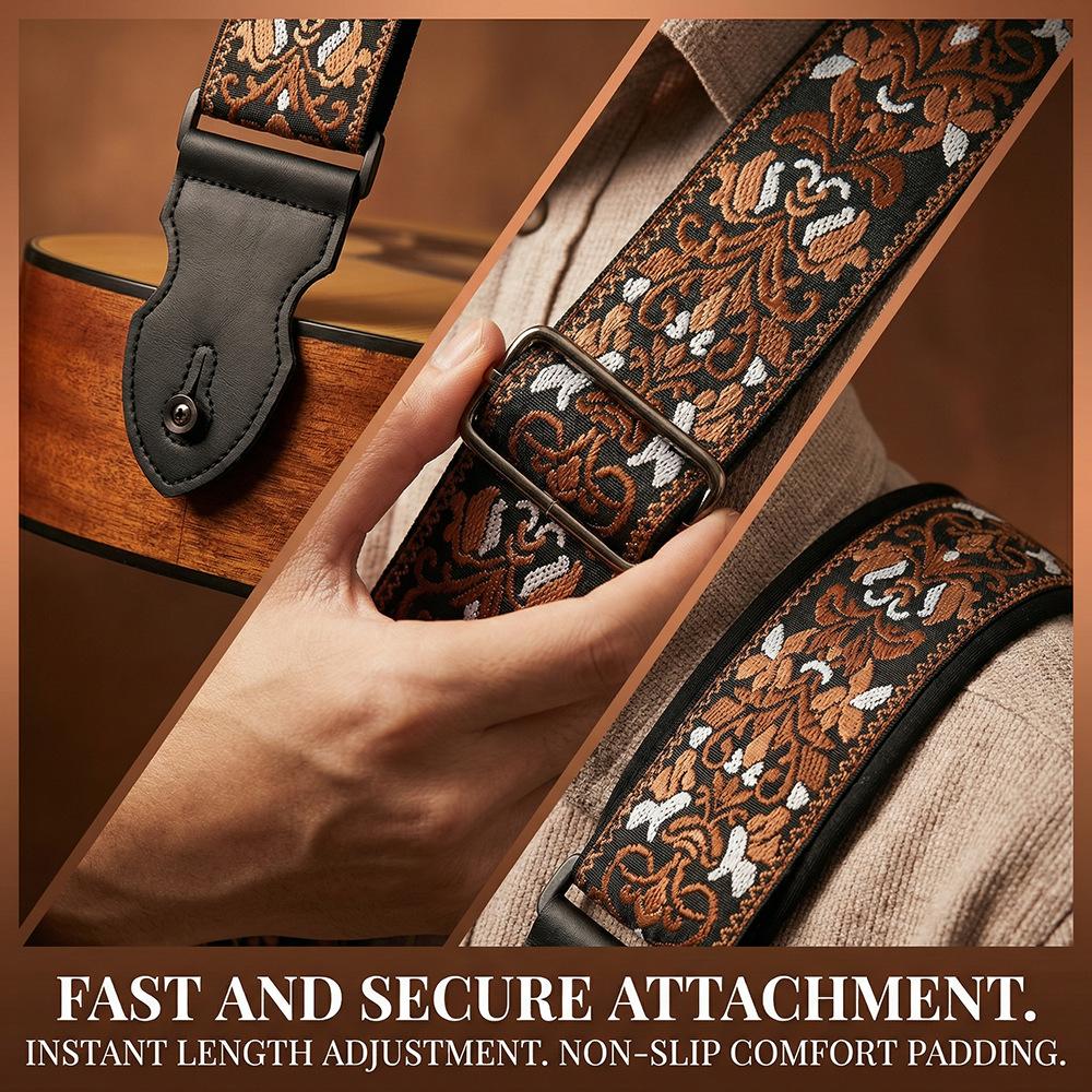 Embroidered Guitar Strap Padded Wide Bass Shoulder Belt Adjustable for Acoustic Electric Guitar 88-140cm
