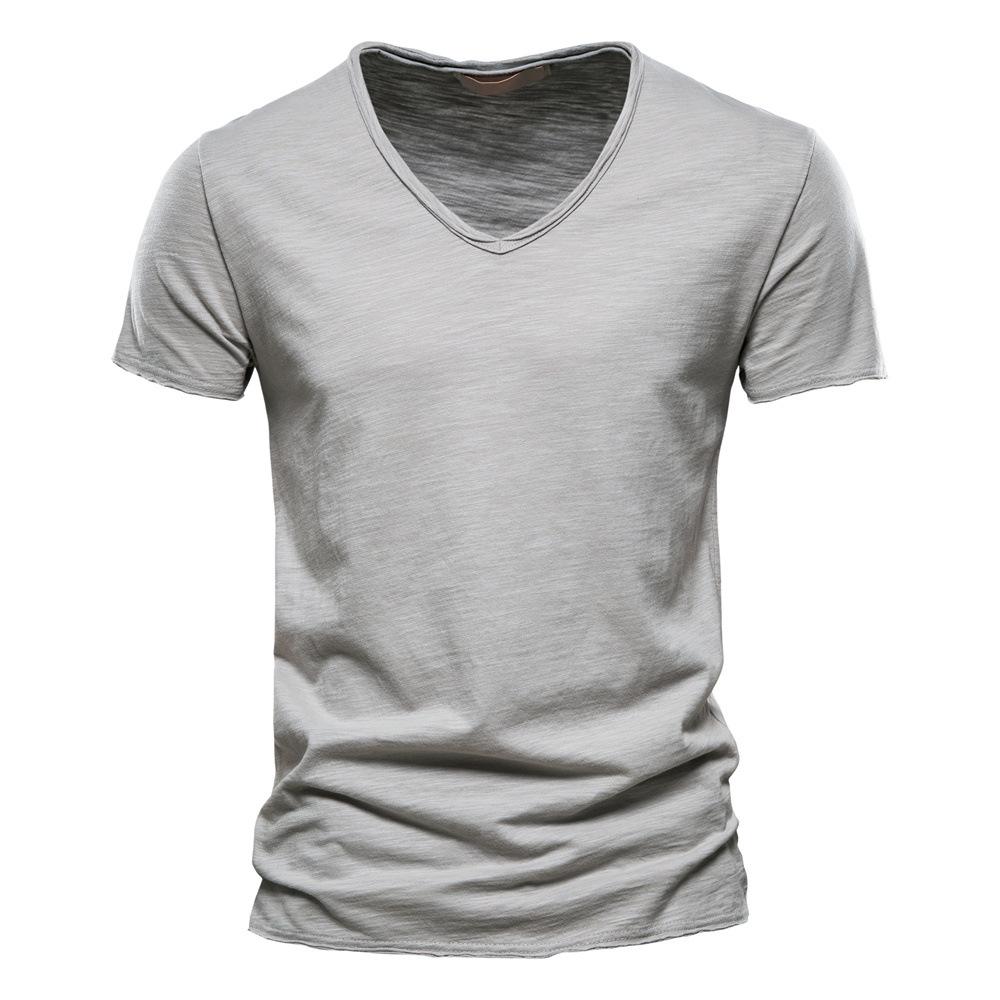 Men's New Solid Color V-neck Short Sleeved T-shirt Made of Pure Cotton