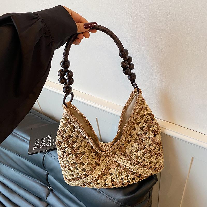 Large Capacity Hollow Beaded Straw Woven Single Shoulder Tote Beach Bag
