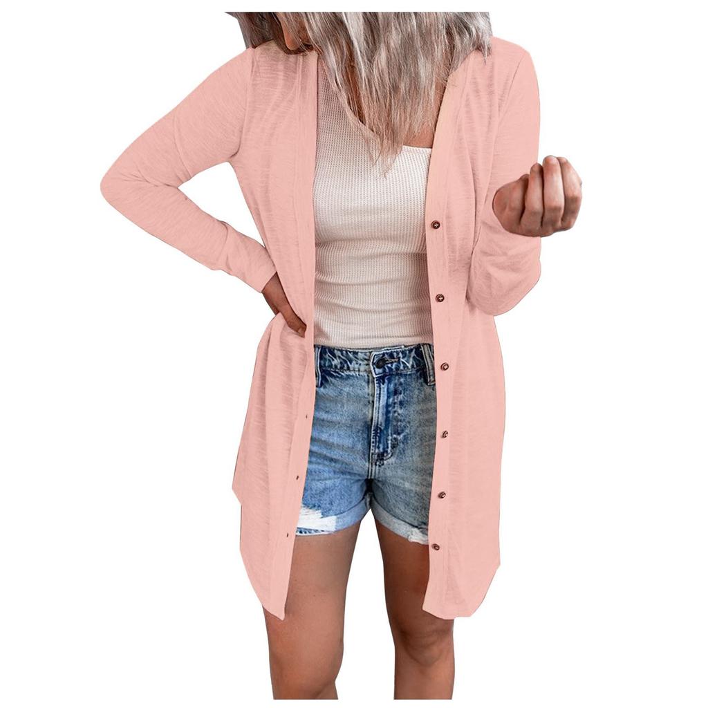 (SU)Women's Solid Color Top Long Sleeve Cardigan Single Breasted Top Light Jacket