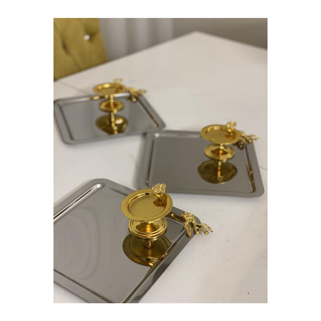 3-piece Steel Square Presentation Tray With Japanese Rose And 3-piece Gold Macaron Holder Japanese Rose