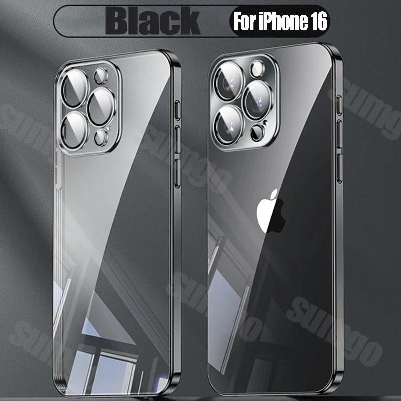 Silicone High Quality Plating Transparent Case For iPhone 16 15 14 13 12 11 Pro Max 16 Plus Lens Protector Shockproof Soft Cover