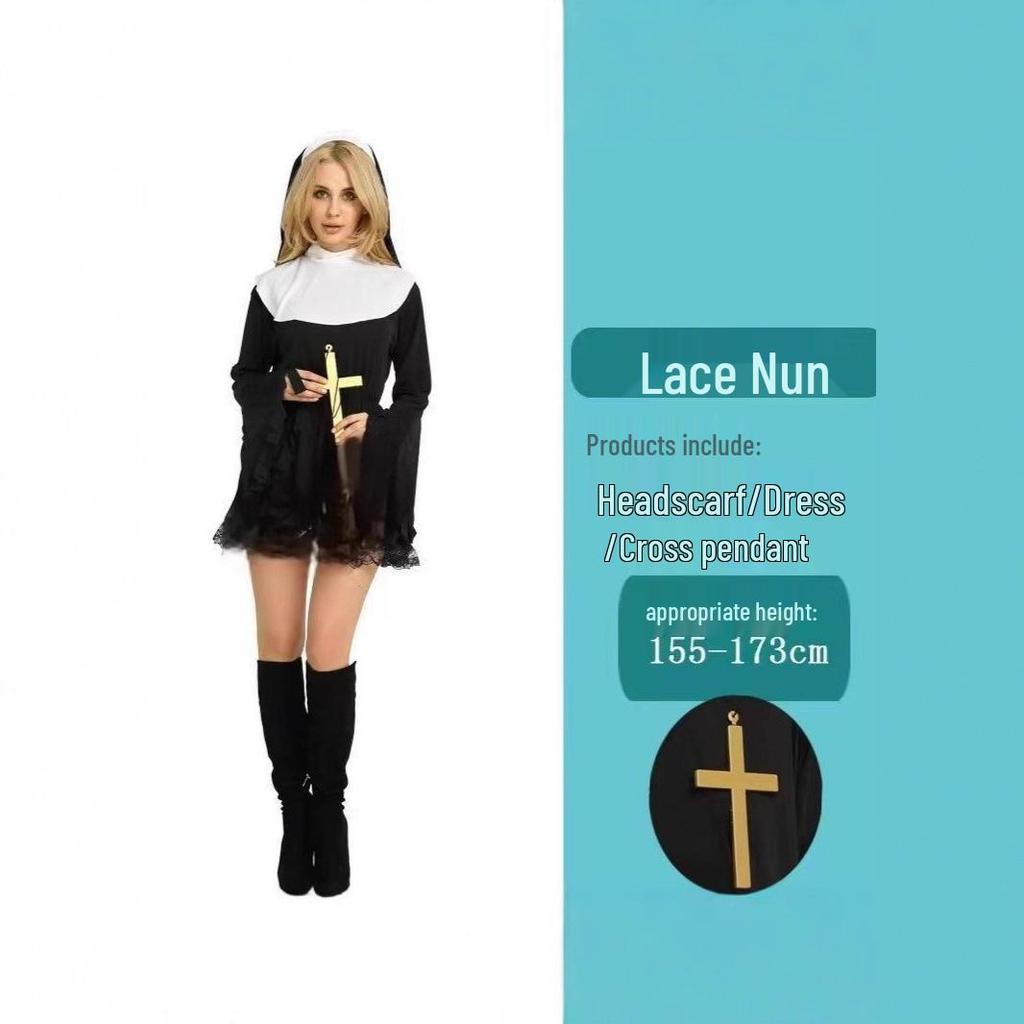 Женское кружевное платье для косплея монахини 2025 - Длина до колена, с длинным рукавом, наряд для вечеринки