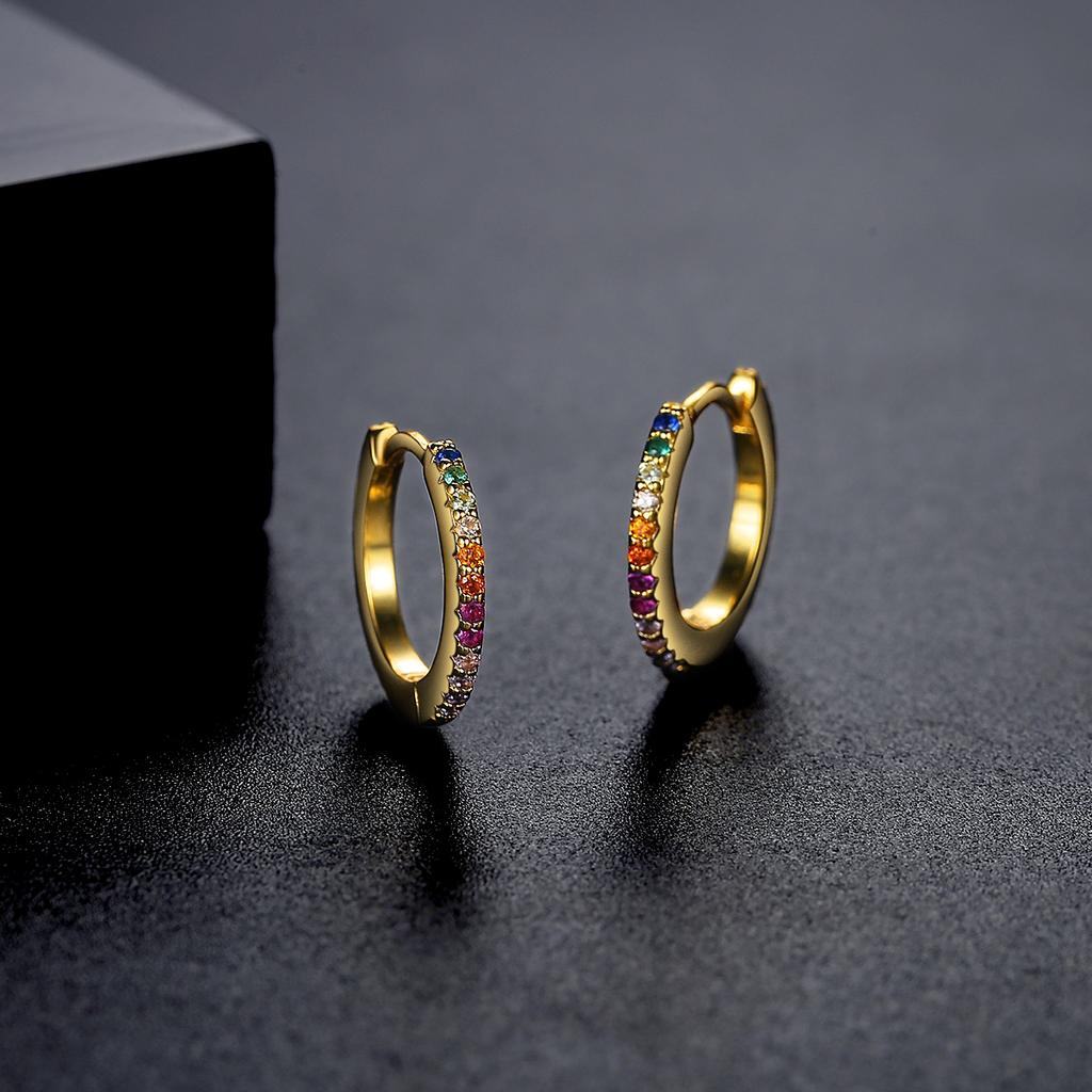 LUOTEEMI Rainbow CZ Paved Woman Diamond Jewelry 14K Gold Zircon Plated Huggie Hoop Earring