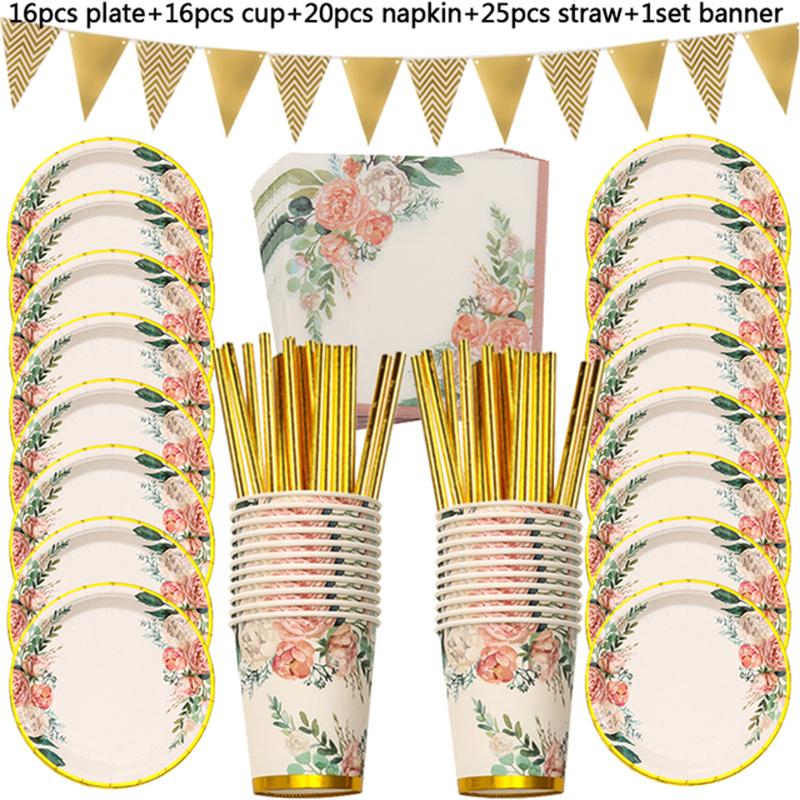 78pcs Vintage Floral Party Supplies Golden Disposable Paper Plates Cups Napkins Tableware Set for Baby Shower Birthday Tea Party