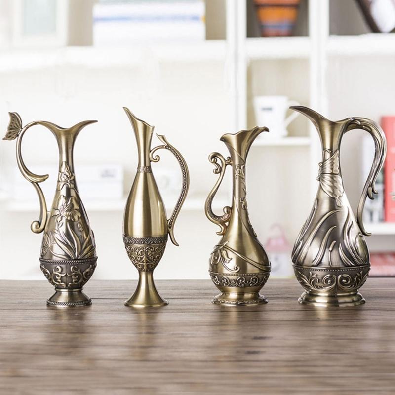 Текстурированные Геометрические Винтажные Бронзовые Металлические Вазы для Настольных Композиций в Гостиной, Контейнер для Цветочных Композиций