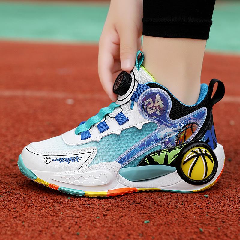 Обувь для мальчиков 2024 года, летняя новая детская спортивная обувь с вращающейся пряжкой для детей среднего и старшего возраста, модные классные баскетбольные кроссовки из сетки