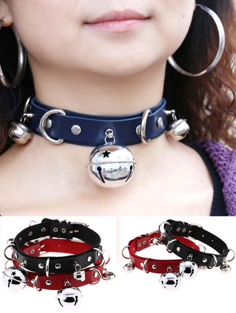 Gothic Punk Choker with Bell Hoop Collar PU Necklace Vintage Retro Harajuku Rock Steampunk Necklace for Women Men Adjustable