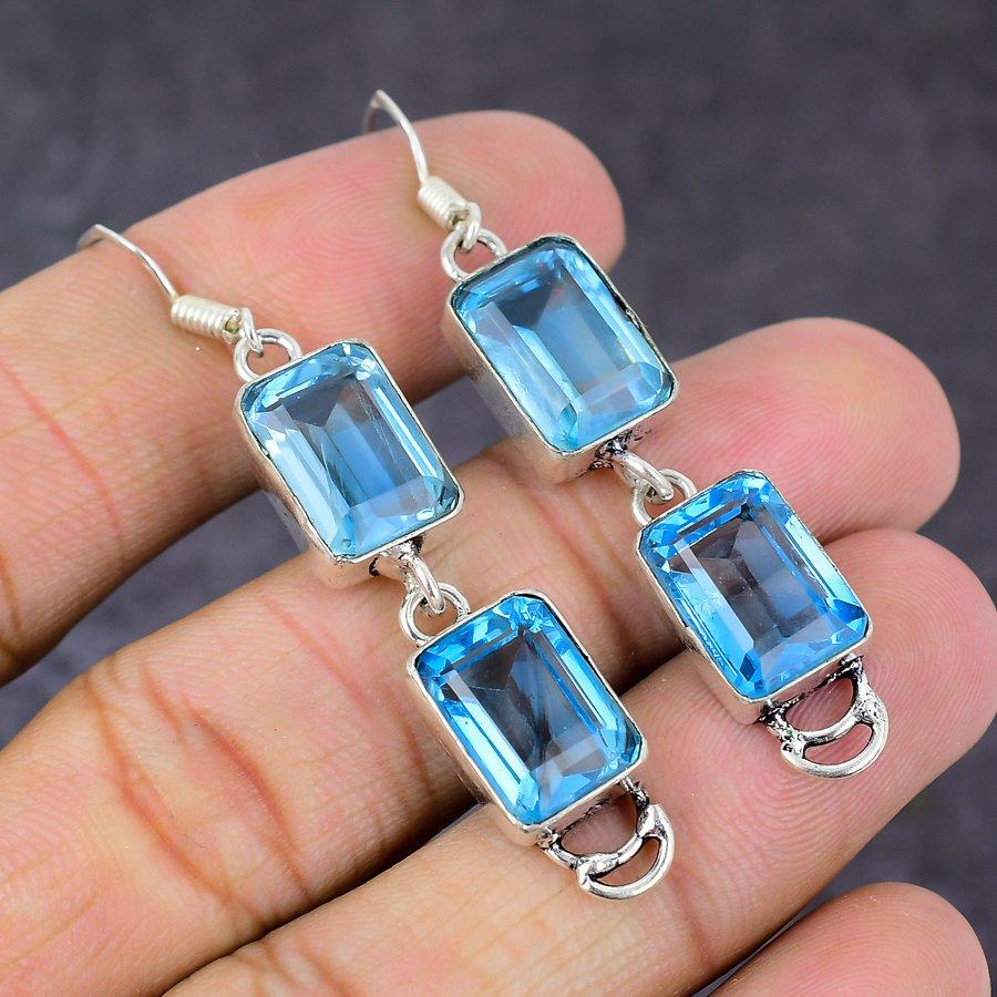 Ювелирные серьги ручной работы из стерлингового серебра 925 пробы с голубым топазом 2,36 дюйма f8h82