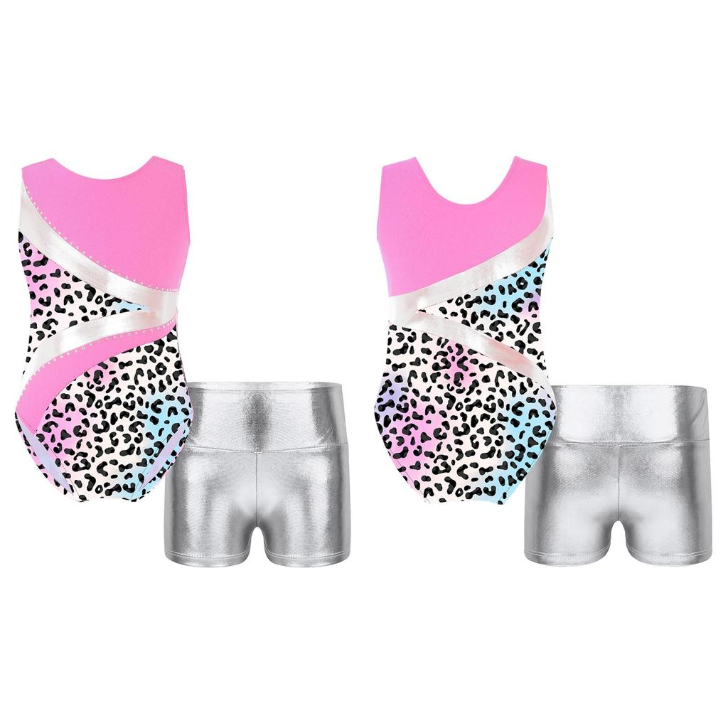 Детские гимнастические купальники без рукавов с круглым вырезом для девочек и шорты, наряды для спортивных танцев, велосипедки