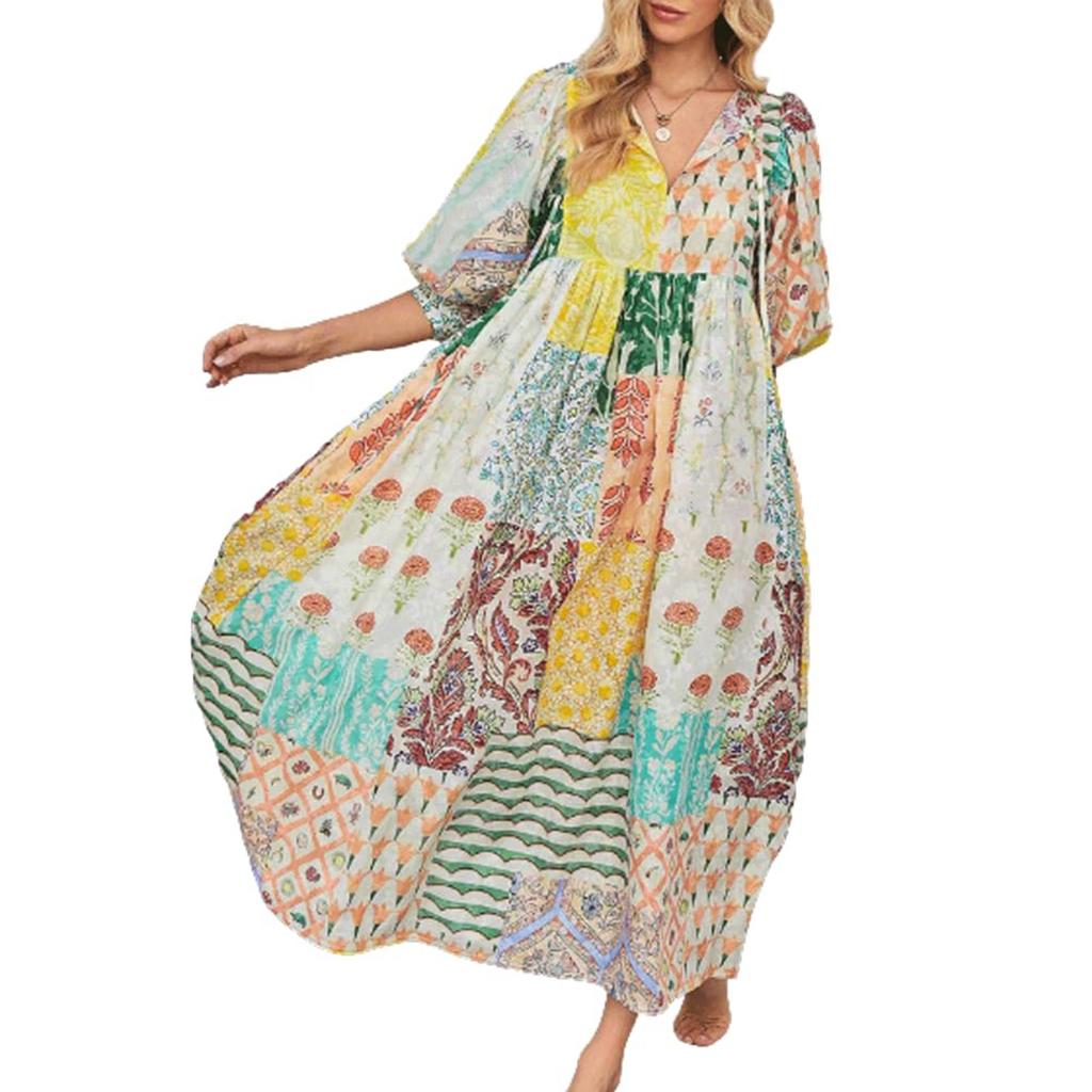 Women's Summer Floral Print Loose Sundress Half Sleeve Beach Flowing Bohemian Maxi Dress