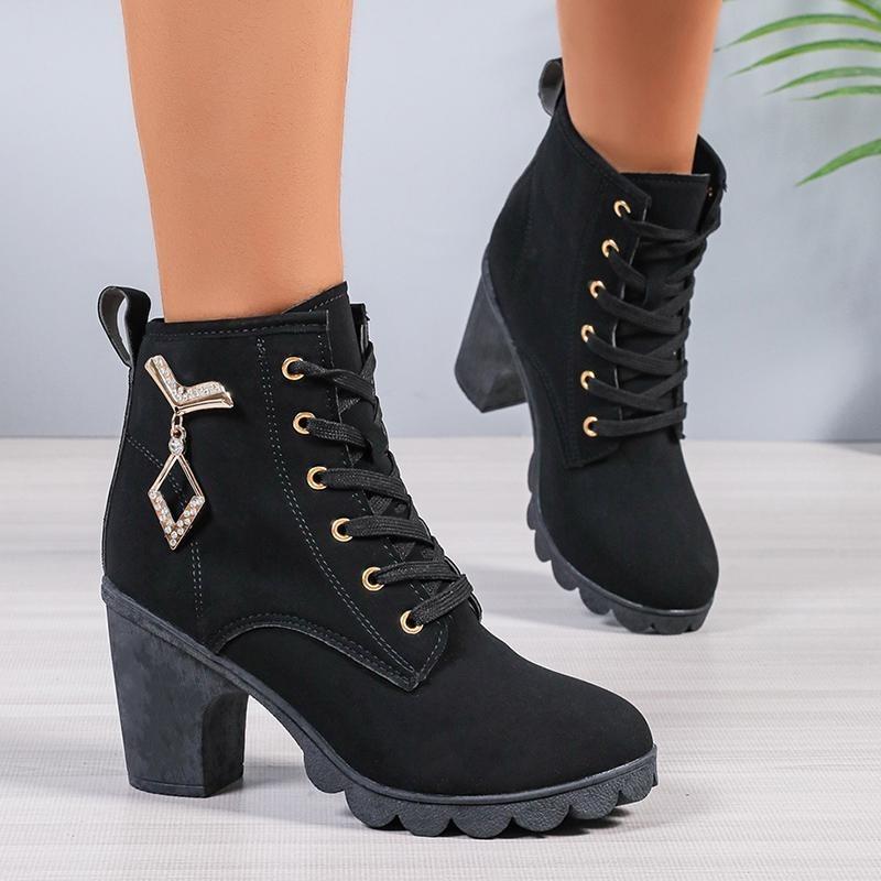 Women's Chunky Heeled Ankle Boots Metal Decoration High Heels Booties Woman Autumn Lace Up Platform Short Boots Plus Size