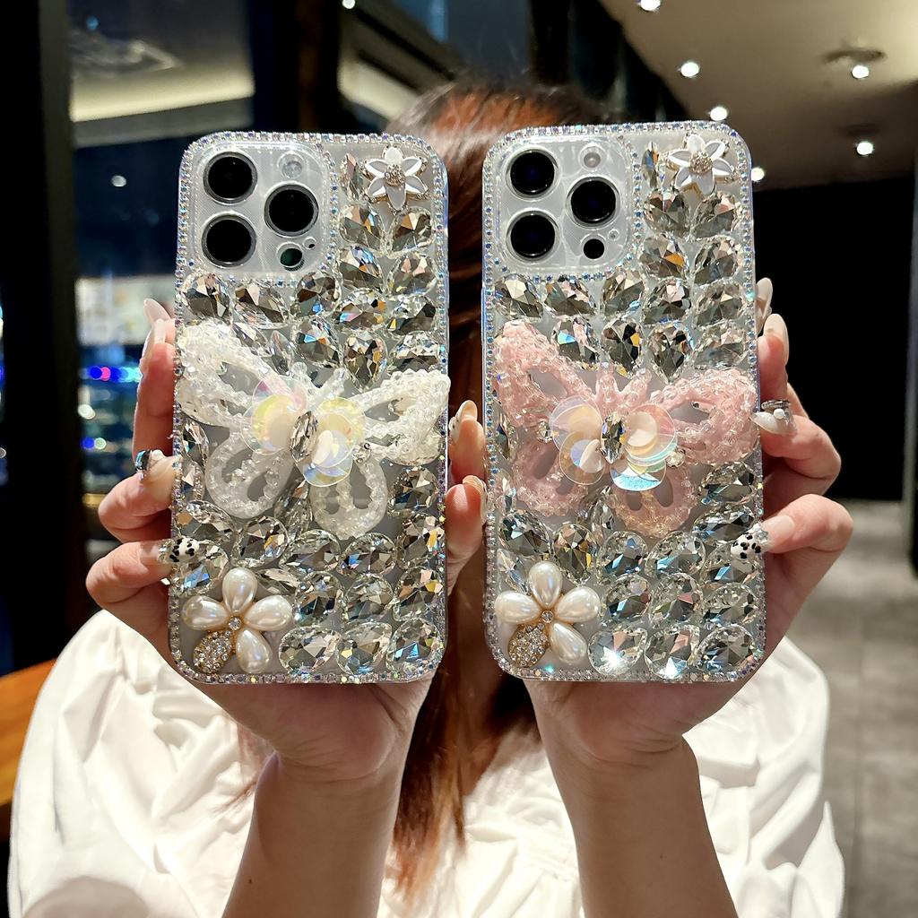 For iPhone 16 Pro Max Case Glass Rhinestone Decor Butterfly Pattern TPU Phone Back Cover