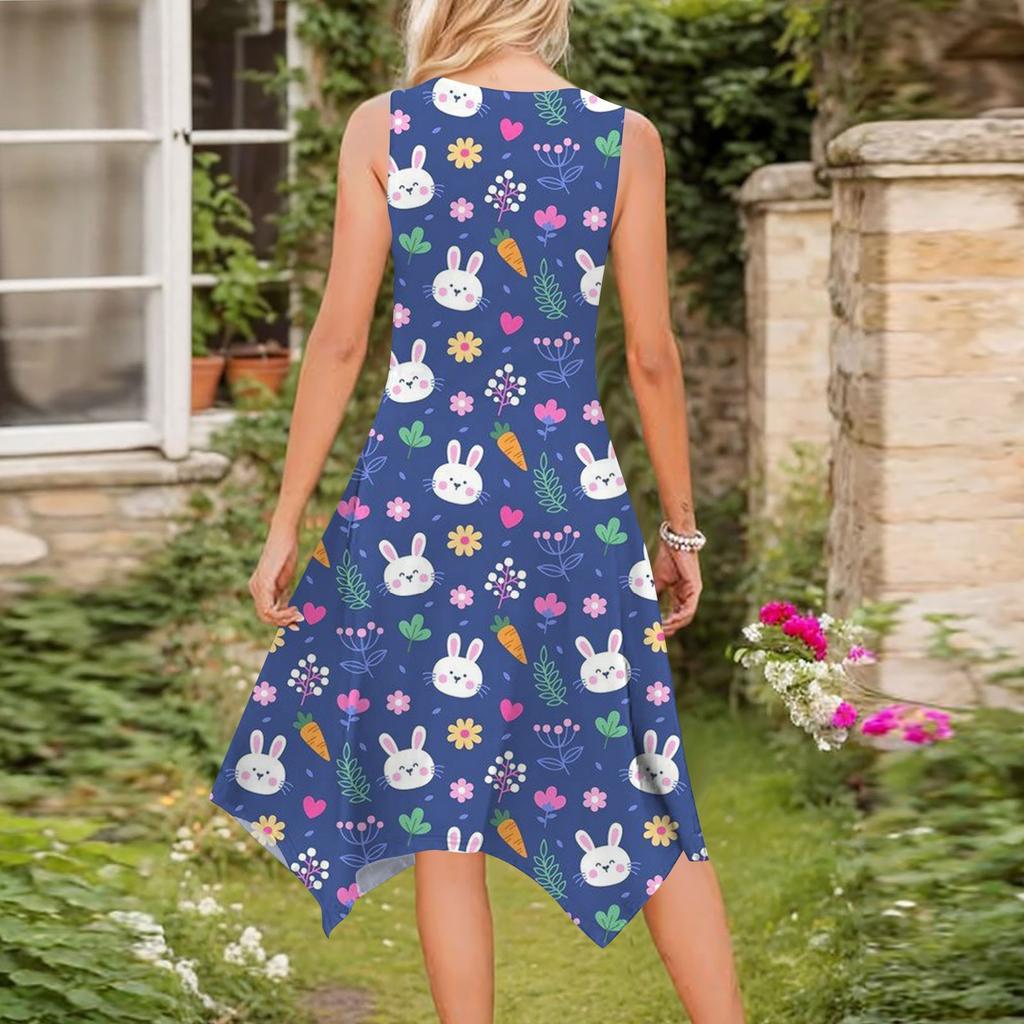 Women's Casual Fashion Round Neck Sleeveless Print Irregular Hem Midi Dress