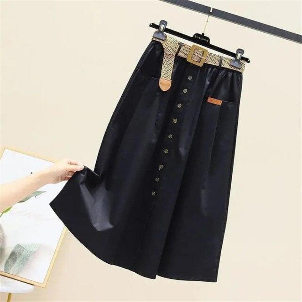Cotton Midi Skirt With Belt Women Single -Breasted Large Pockets High Waist A -Line Skirt Autumn Summer Korean Fashion Long Skirt