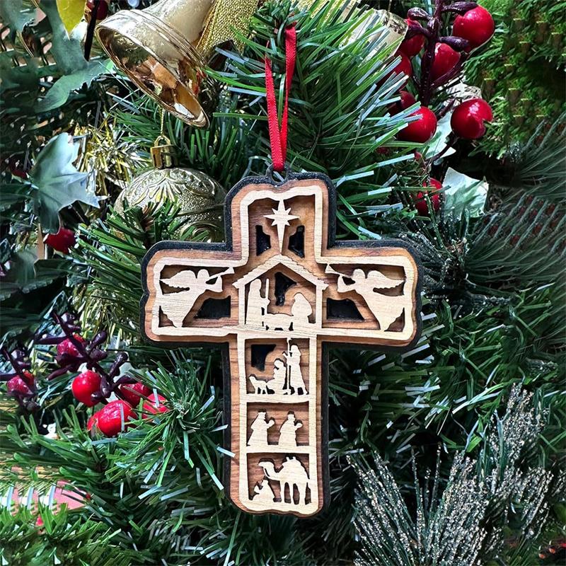 Рождественский вертеп, крест из Священного Писания, рождественский орнамент, деревянное украшение для рождественской елки