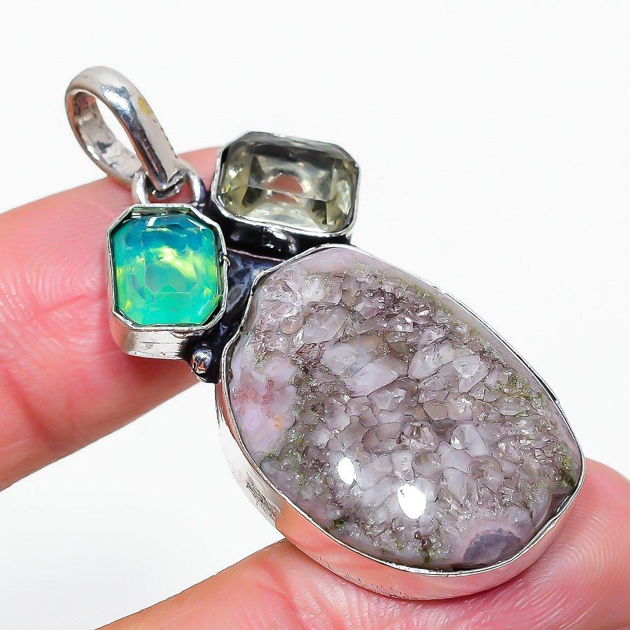 Solar Quartz, Opal Handmade 925 Sterling Silver Gift Pendant 1.97" s9T49