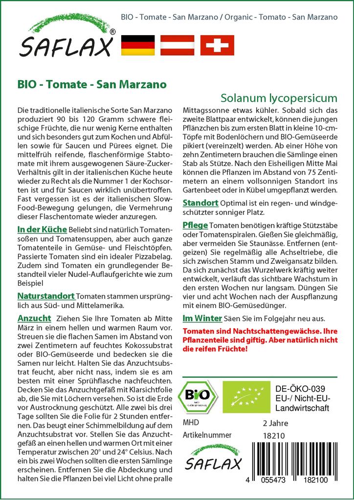 SAFLAX Garden in the Bag - Органический - Помидор - Сан-Марцано - 15 семян - С субстратом в подходящем стоячем пакете - Solanum lycopersicum