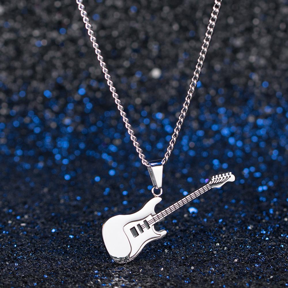 European and American Titanium Steel Guitar Pendant Mens Metal Instrument Necklace