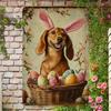 Vintage Happy Easter Dog Metal Wall Art Sign  x Inches Retro Easter Decor with BunnyEared Dog  Colorful Eggs