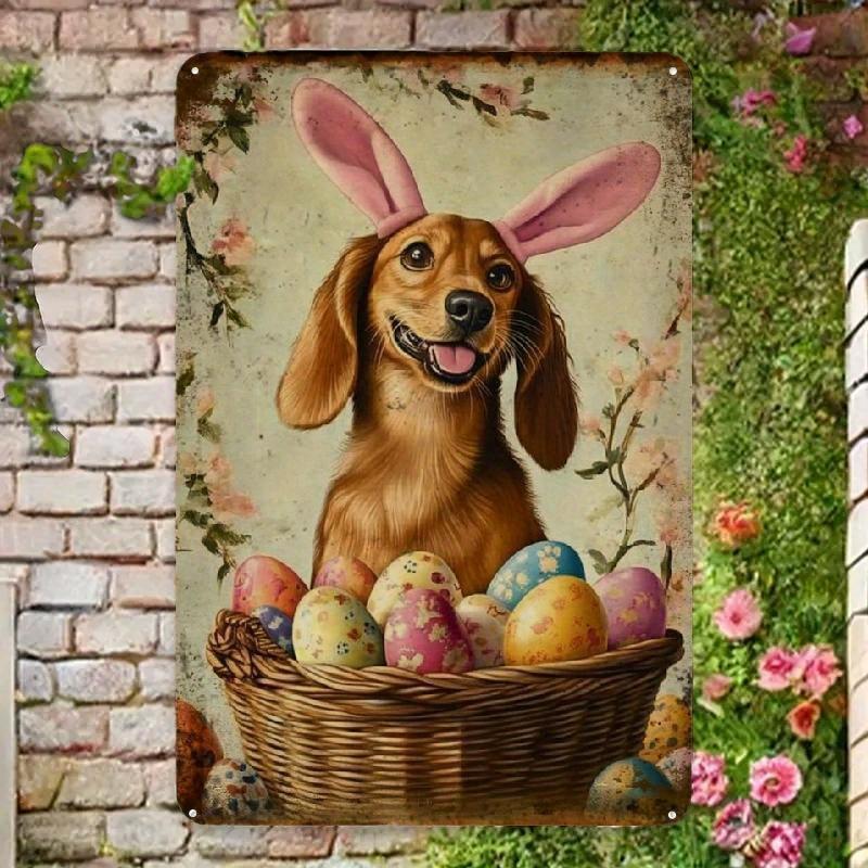Vintage Happy Easter Dog Metal Wall Art Sign  x Inches Retro Easter Decor with BunnyEared Dog  Colorful Eggs