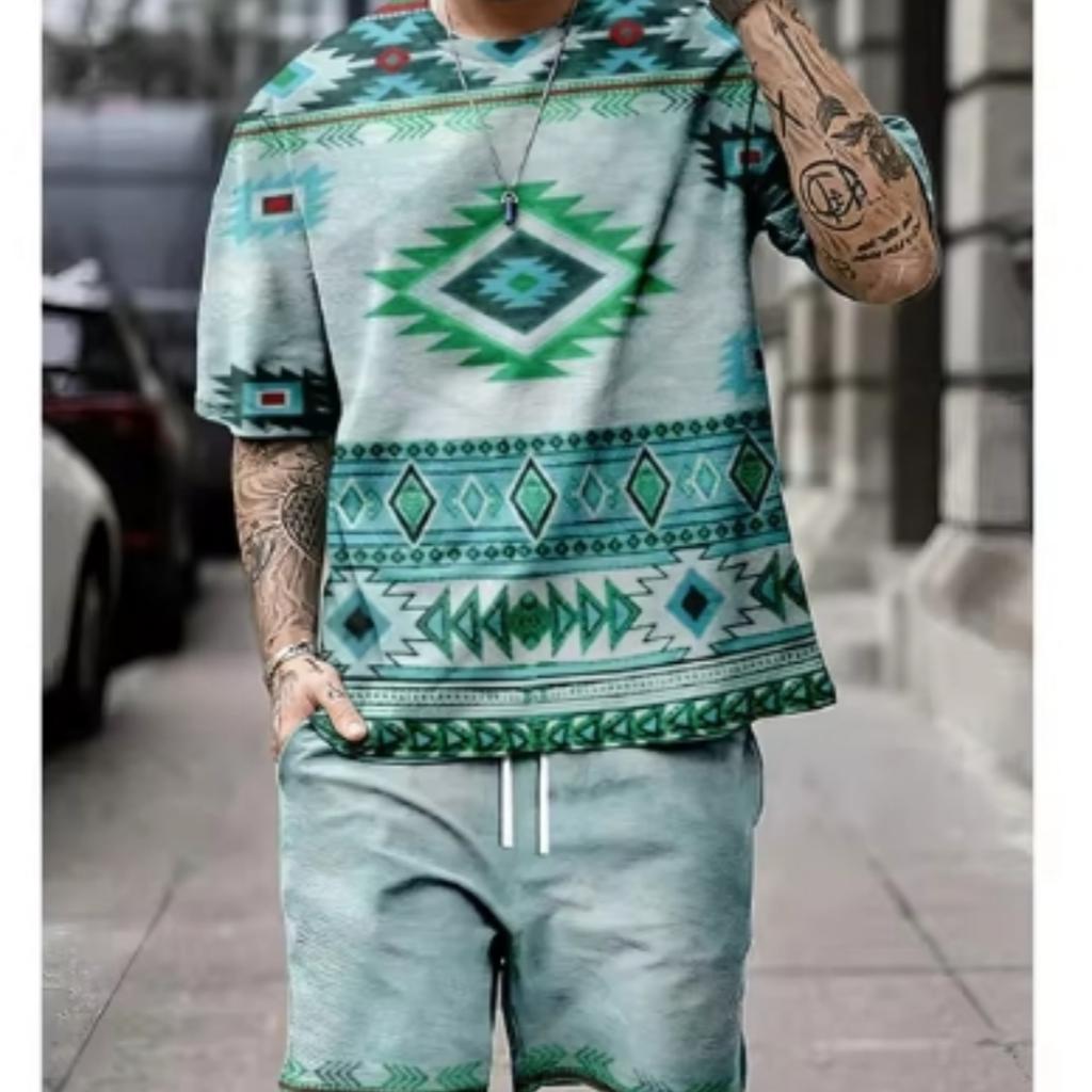 Летний ретро этнический стиль мужские шорты комплекты повседневные футболки + шорты 2 шт наряды 3D принт мужская одежда свободный O-образный вырез спортивная одежда