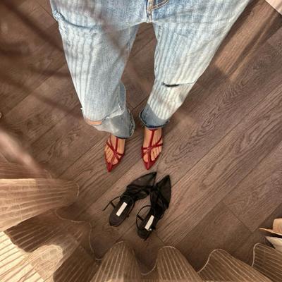 Версия из овчины~ нишевая кожа, туфли-клинья с острым носком, перекрестные, с открытым носком, средний каблук, крутые шлепанцы, женские