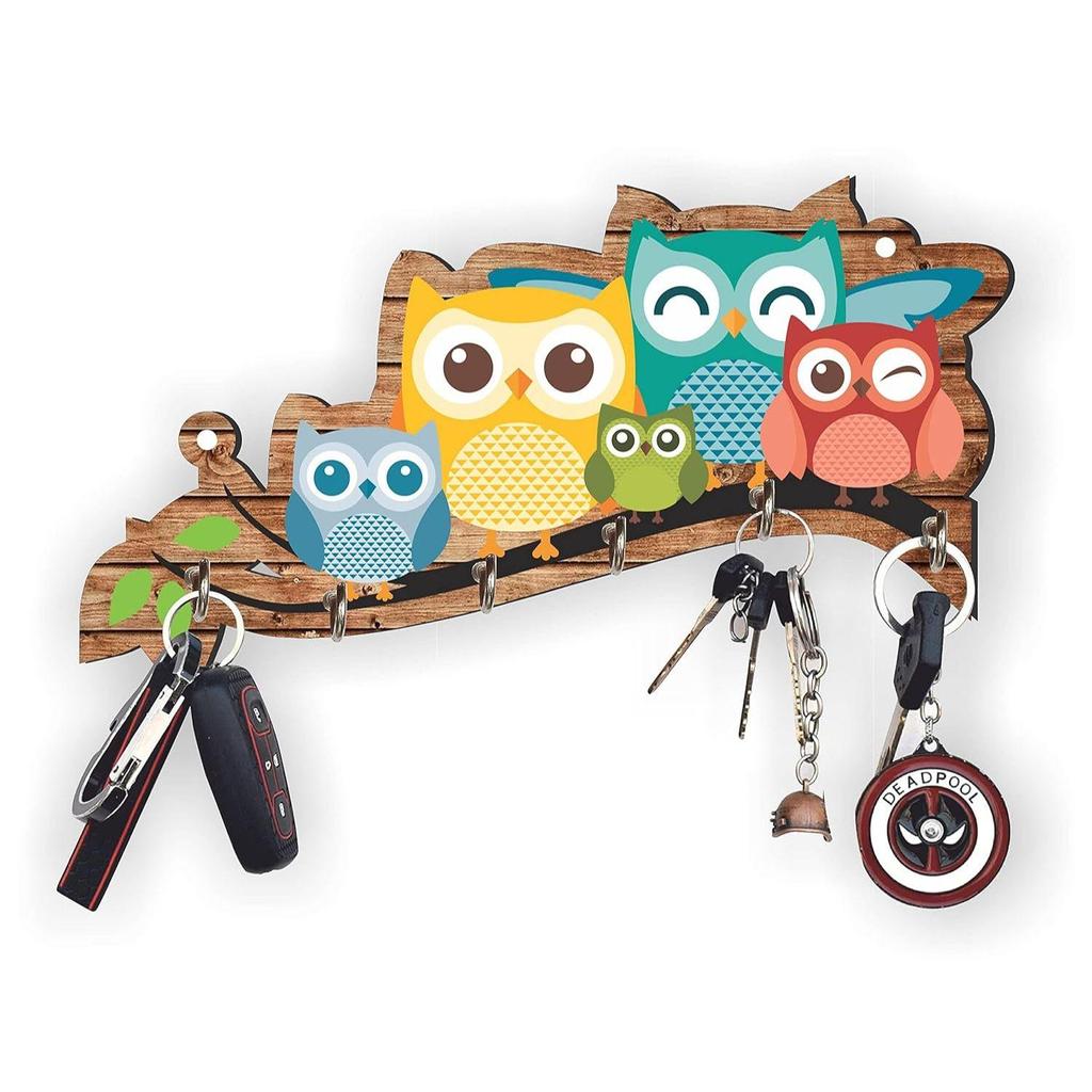 Premium 'Owl Family' Decorative Wooden Printed Key Holder for Home Decor Key Hangers Keychain Holder Key Stand & Key Holder(25 Cm, 6 Hooks)