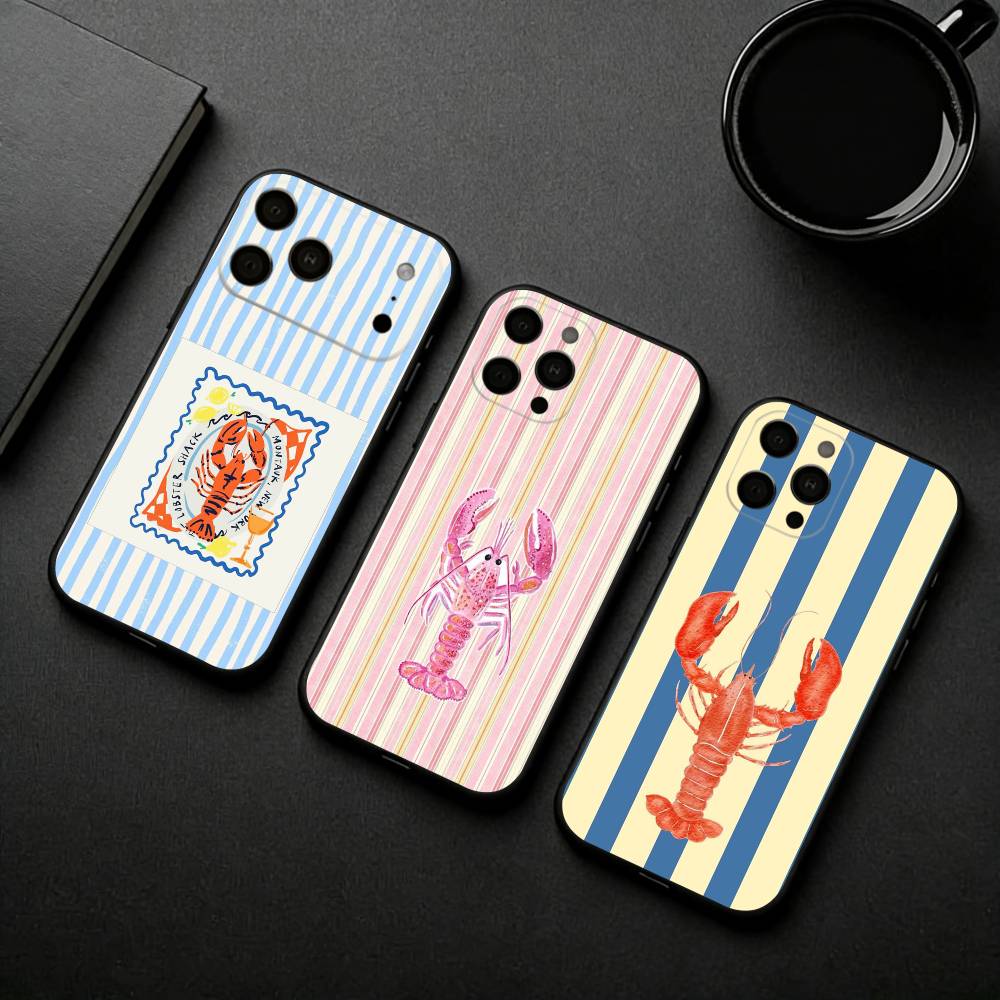 Чехол для телефона L-Lobster On S-Stripes Ocean Для iPhone 17pro,16,15,14,13,12,11 Plus,Pro Max,XS,Мягкий силиконовый черный чехол
