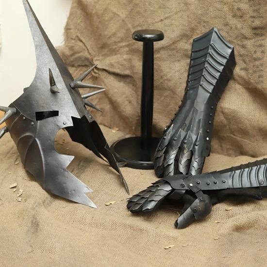 Witch King Helmet Black Gauntlets LOTR Nazgul Armor Replica Dark Fantasy Cosplay Display Set