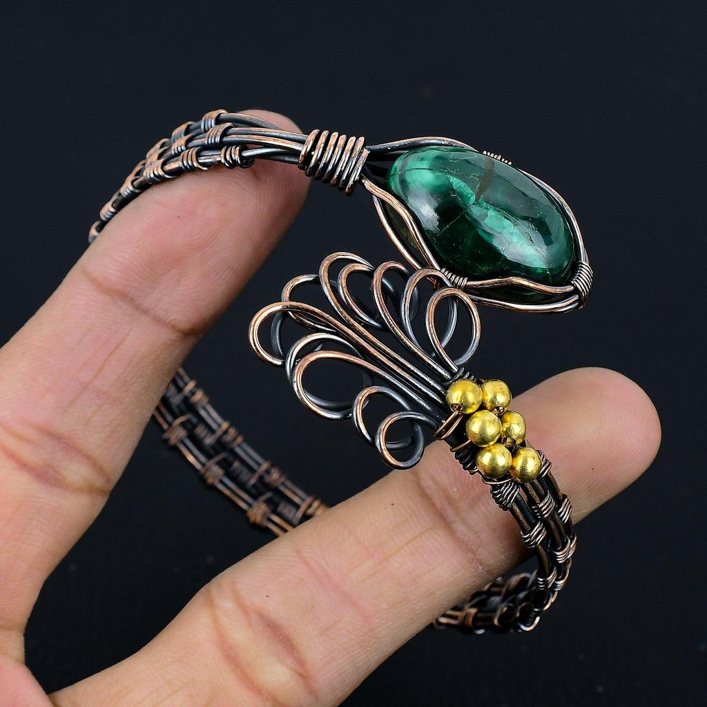 Малахитовый браслет-манжета, Браслет из драгоценного камня ручной работы, Антикварное украшение, обернутое медной проволокой 999 пробы, Для подарка на помолвку