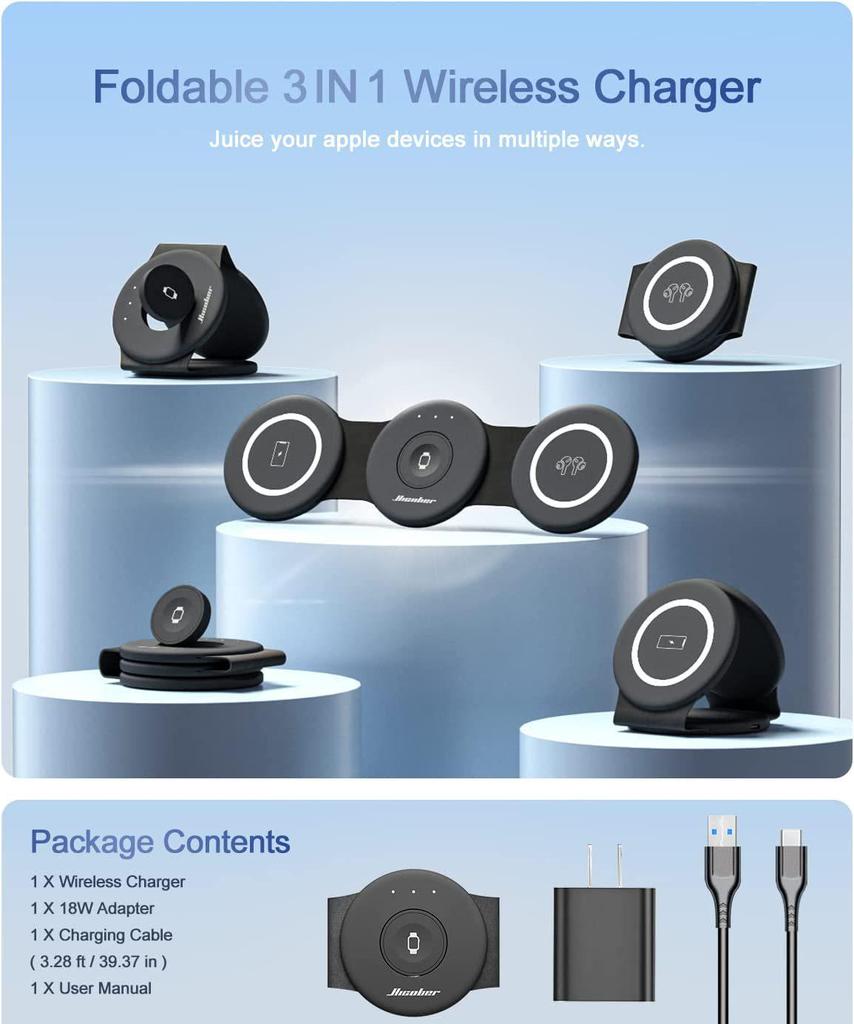 Foldable 3-in-1 Wireless Charger for Mobile, Apple Watch, Magsafe, Huawei