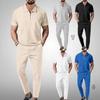Летний мужской однотонный вафельный трикотажный комплект 2025 года с отложным воротником, топом с коротким рукавом и длинными брюками на молнии