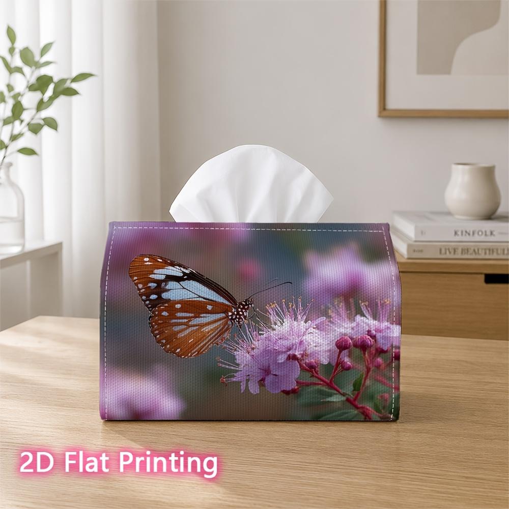 1pc 2D Flat Printed 17.78X10.92X12.95 cm Tissue Box Orange Butterfly with Pink Wildflowers Suitable for Home, Office, Vehicle, And Party Settings CC60