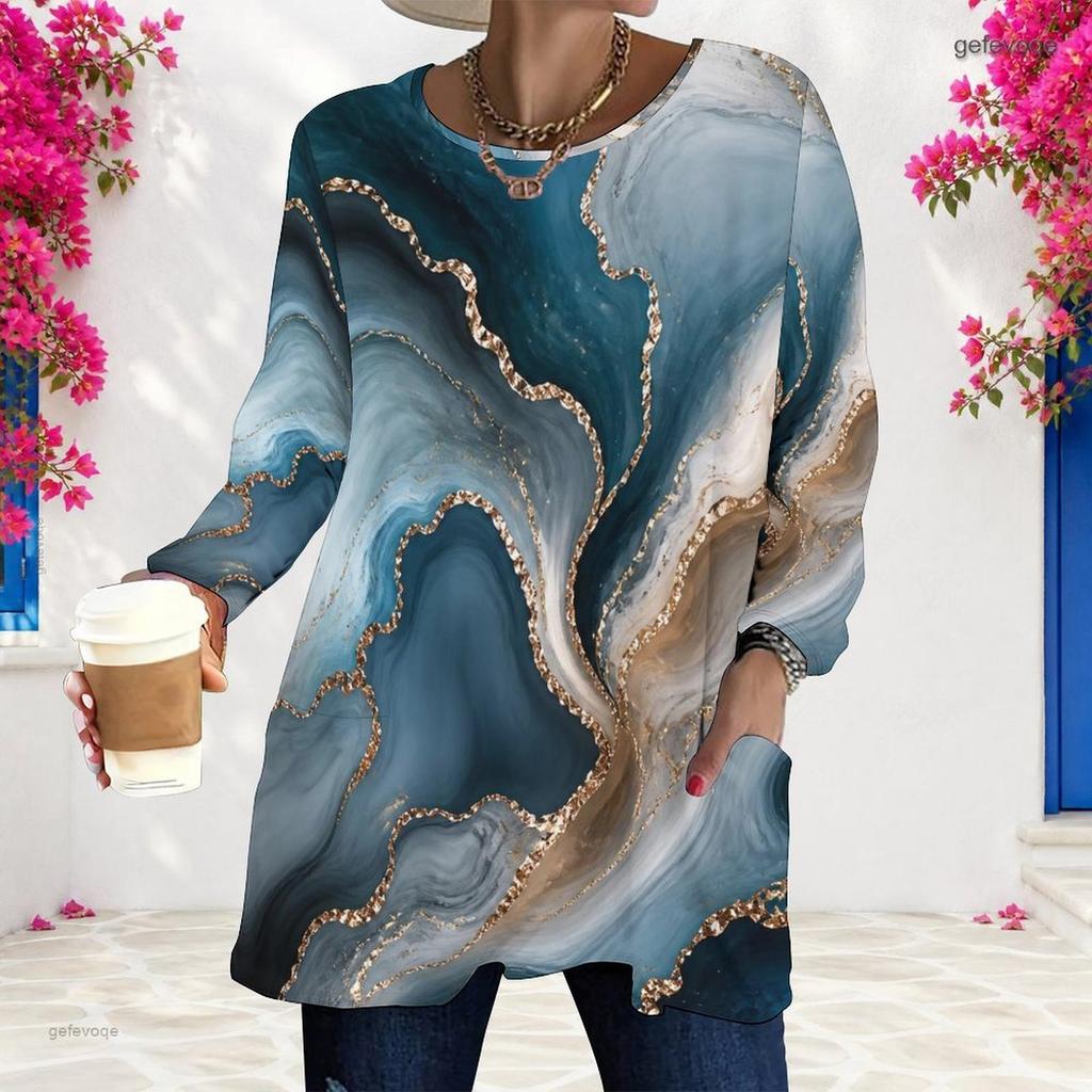 Women Plus Size Round Neck Long Sleeve Swirl Printed Colorful Loose Longline T Shirt With Pockets