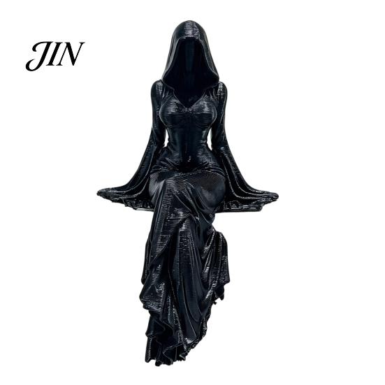 Detailed Sculpture Decor Black Robe Girl Ornament, Gothic Dark Style Figurine, Durable PLA Material Ornament Halloween Sitter Sculpture, for E-sports