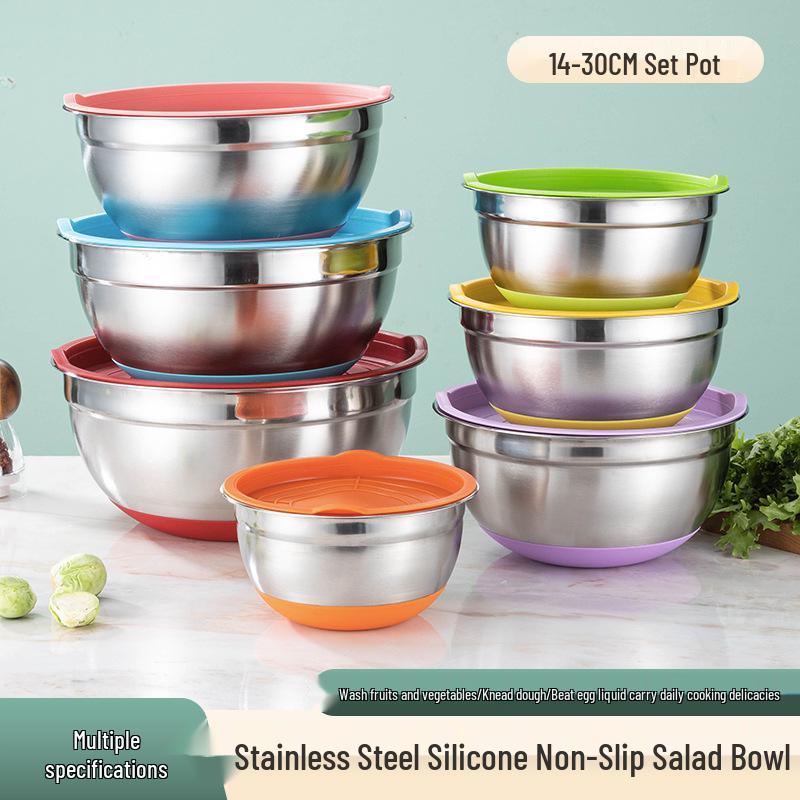 Non-Magnetic Stainless Steel Salad Bowl with Silicone Non-Slip Base and Lid – Perfect for Mixing, Baking, and Dough Kneading
