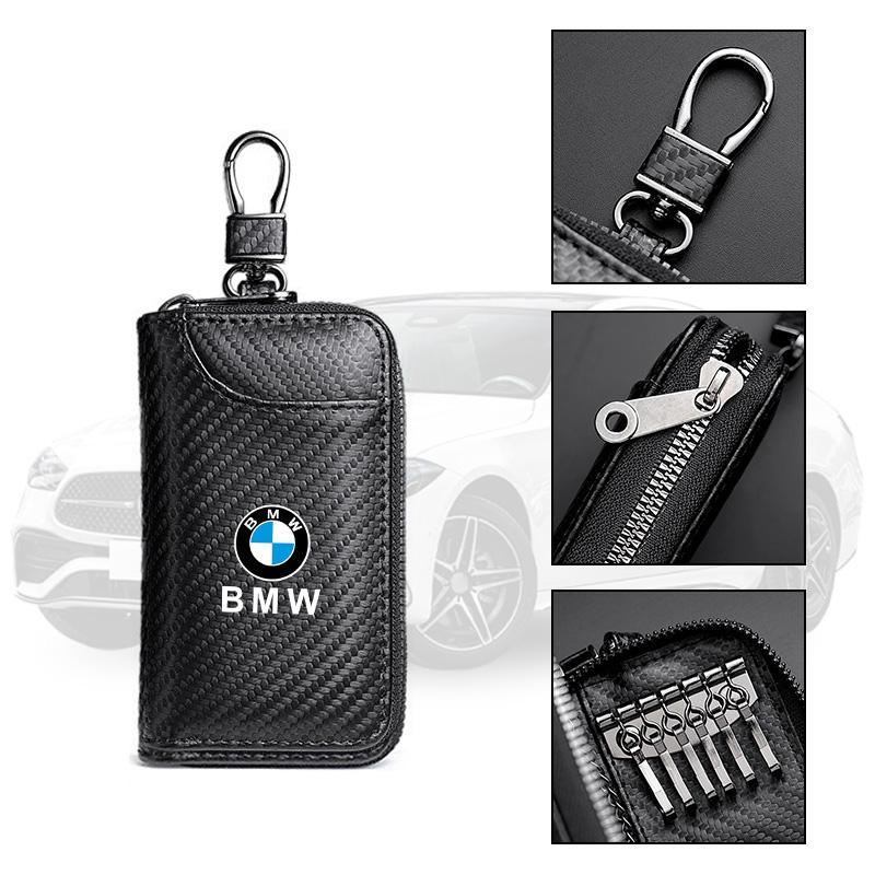 BBJV7 Carbon Fiber Leather Wallet Car Remote Key Storage Zippers Bag For Bmw 50th Anniversary M E36 F20 E46 E90 E87 E34 X3 X5 X6 M2 M3