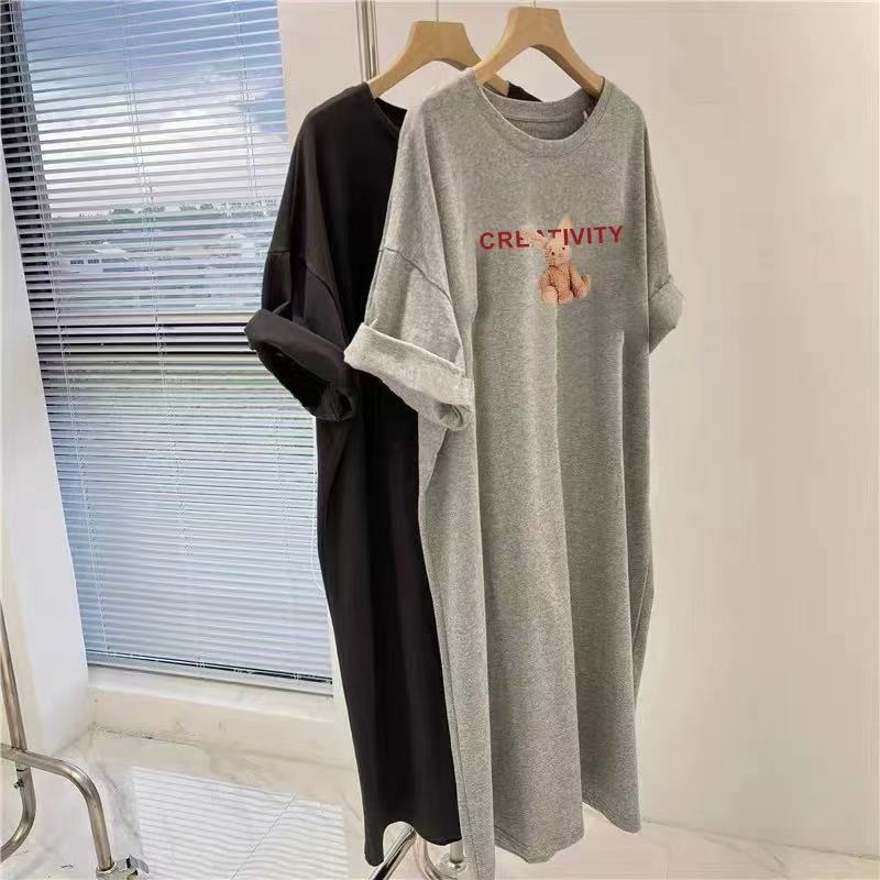 New Korean version medium and long temperament large size loose straight casual short-sleeved T-shirt dress children's summer ins tide
